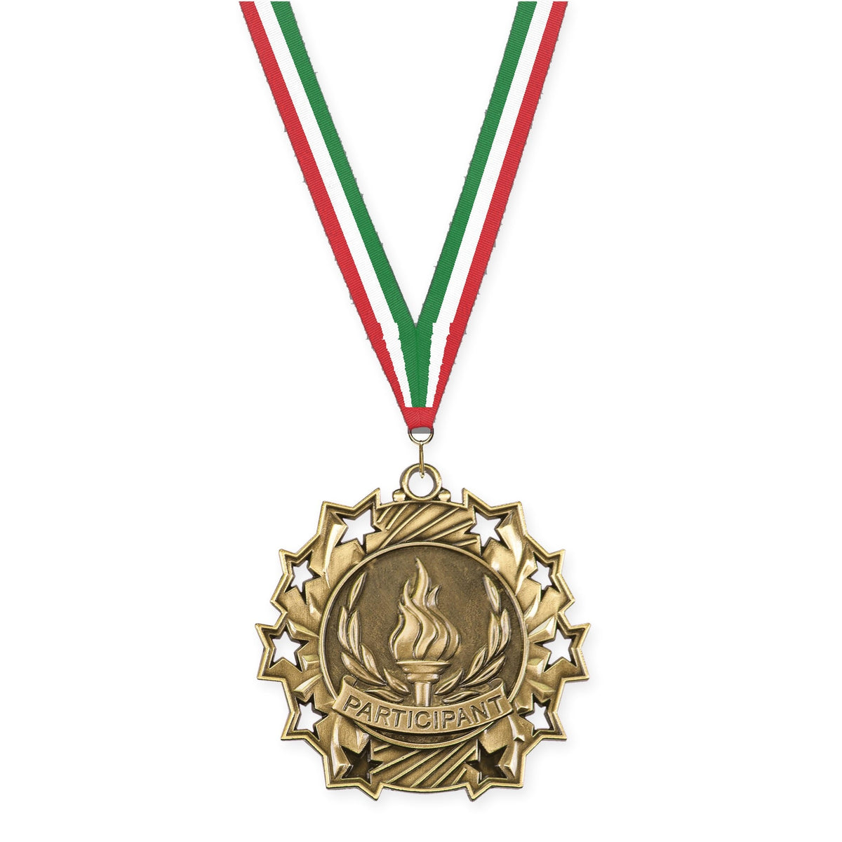 2 1/4 inch Participant Ten Star medal in antique gold with Red White Green neck ribbon