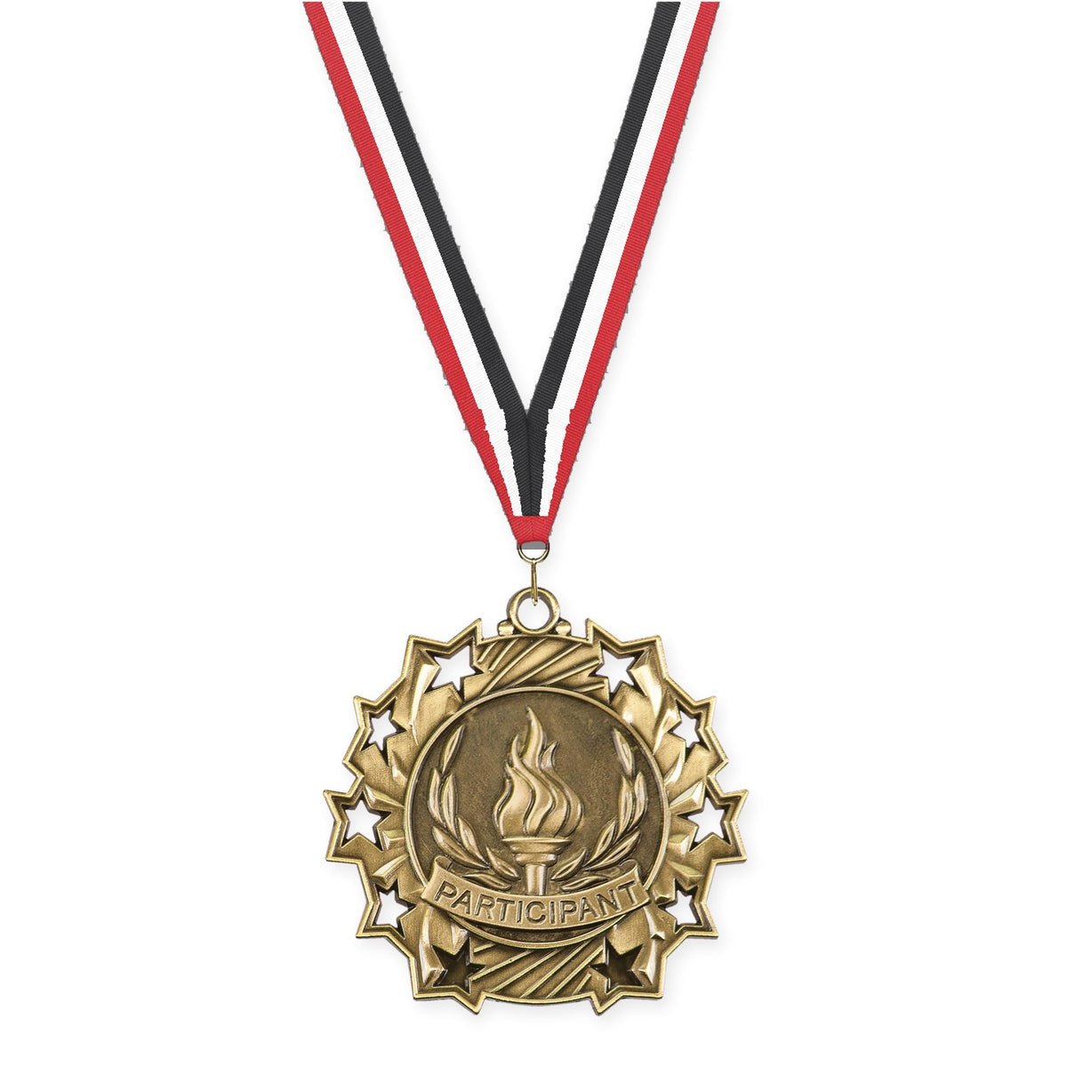 2 1/4 inch Participant Ten Star medal in antique gold with Red White Black neck ribbon