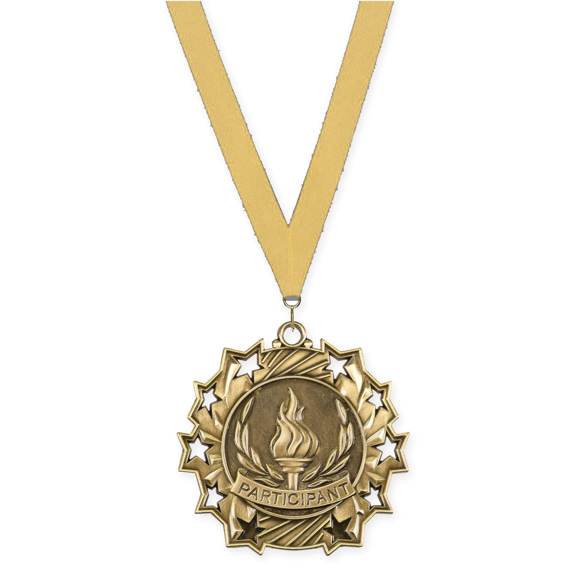 2 1/4 inch Participant Ten Star medal in antique gold with Gold Metallic neck ribbon