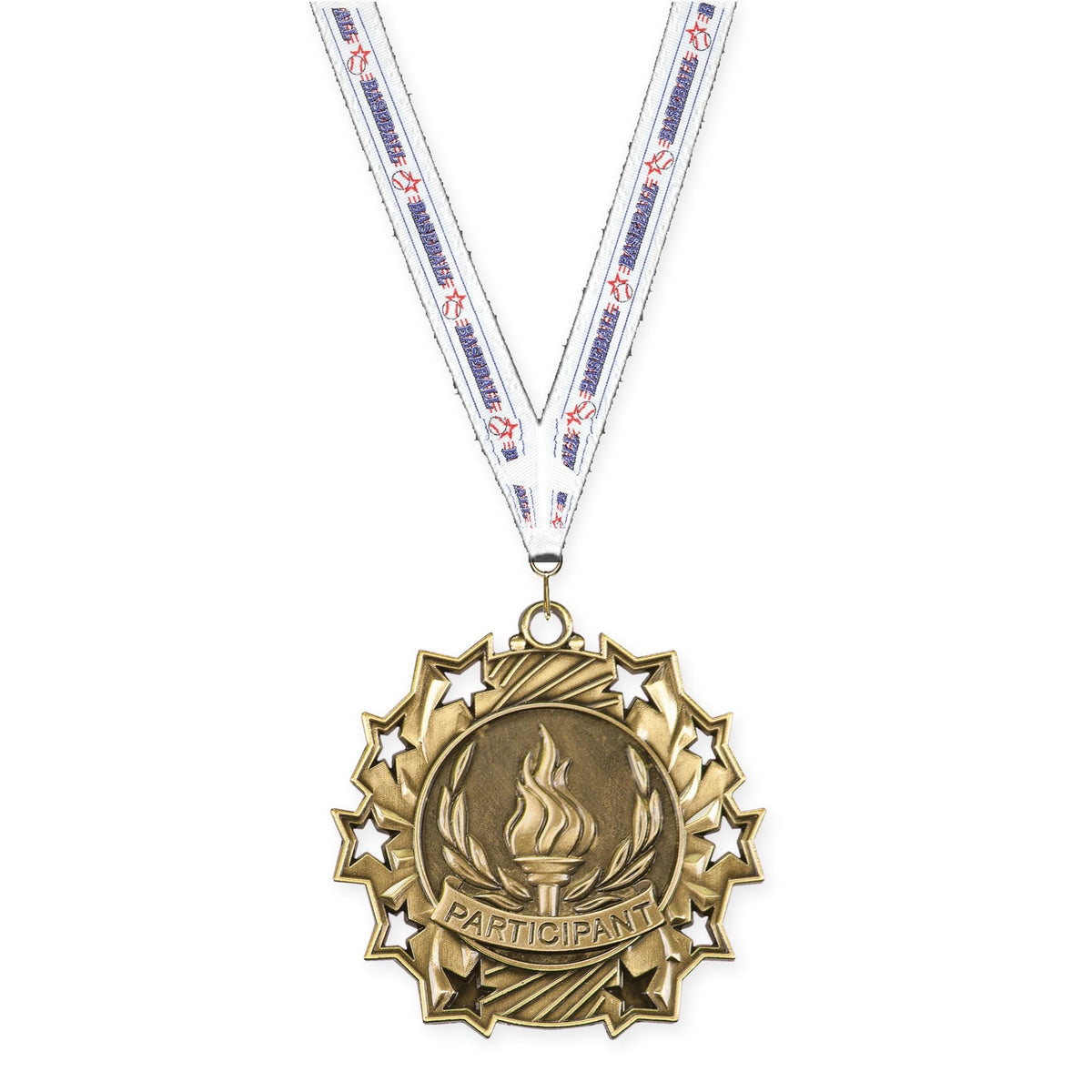 2 1/4 inch Participant Ten Star medal in antique gold with Baseball neck ribbon