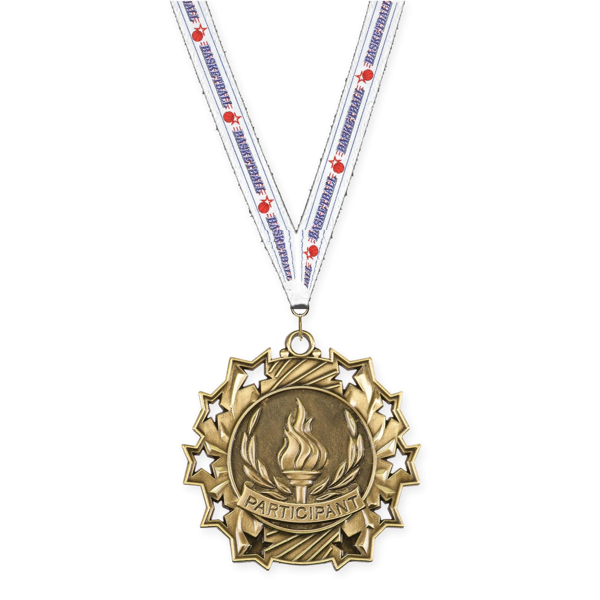 2 1/4 inch Participant Ten Star medal in antique gold with Basketball neck ribbon