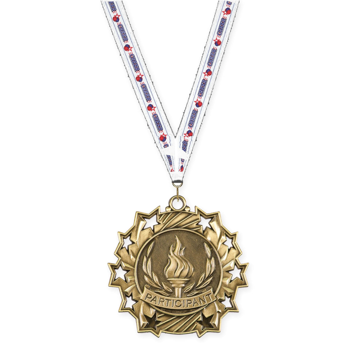 2 1/4 inch Participant Ten Star medal in antique gold with Cheerleading neck ribbon