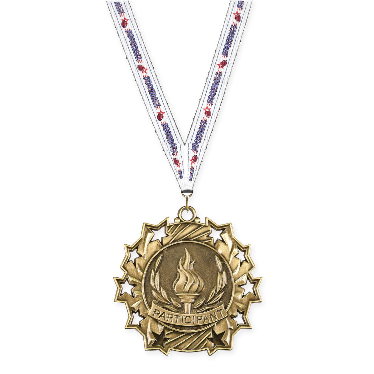 2 1/4 inch Participant Ten Star medal in antique gold with Football neck ribbon