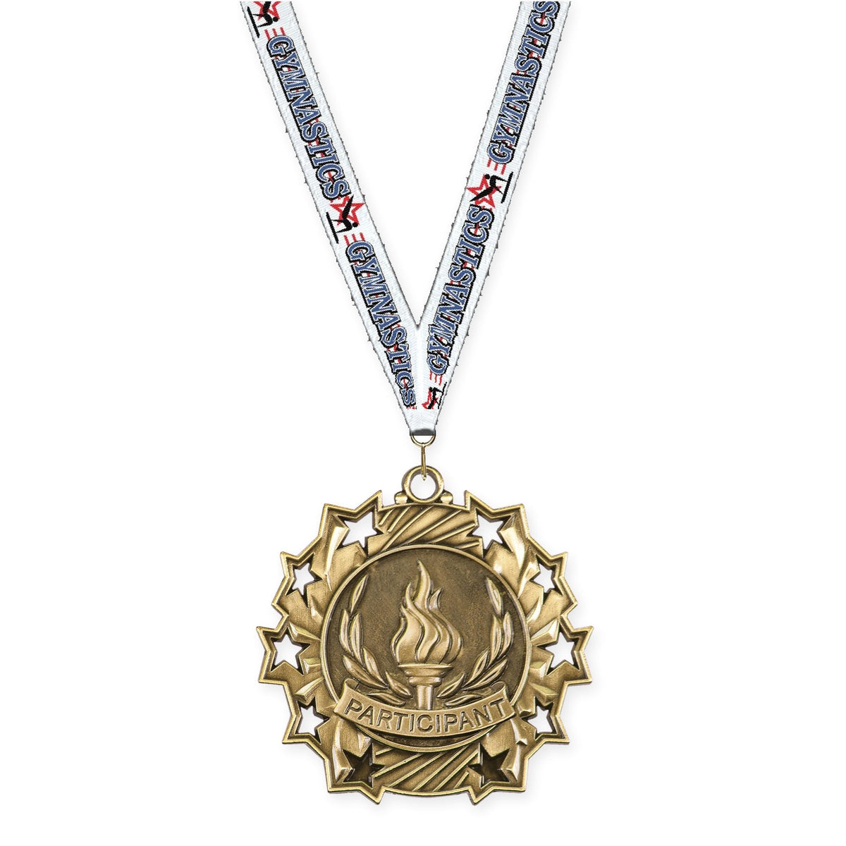 2 1/4 inch Participant Ten Star medal in antique gold with Gymnastics neck ribbon