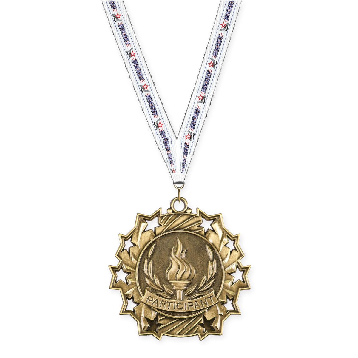 2 1/4 inch Participant Ten Star medal in antique gold with Hockey neck ribbon