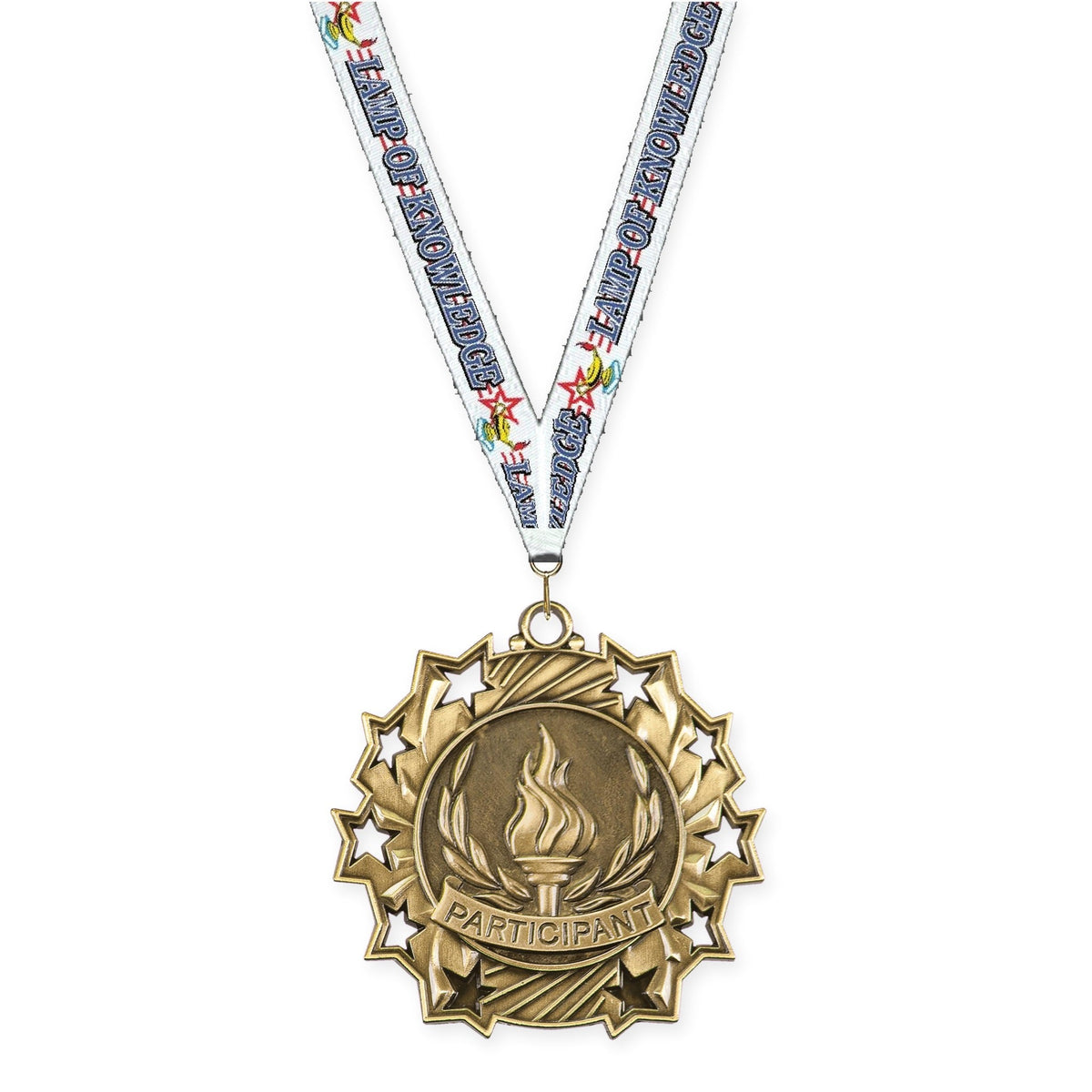 2 1/4 inch Participant Ten Star medal in antique gold with Lamp Of Knowledge neck ribbon
