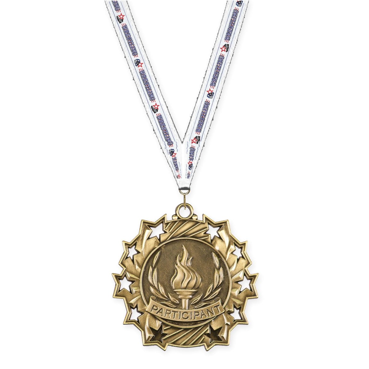 2 1/4 inch Participant Ten Star medal in antique gold with Wrestling neck ribbon
