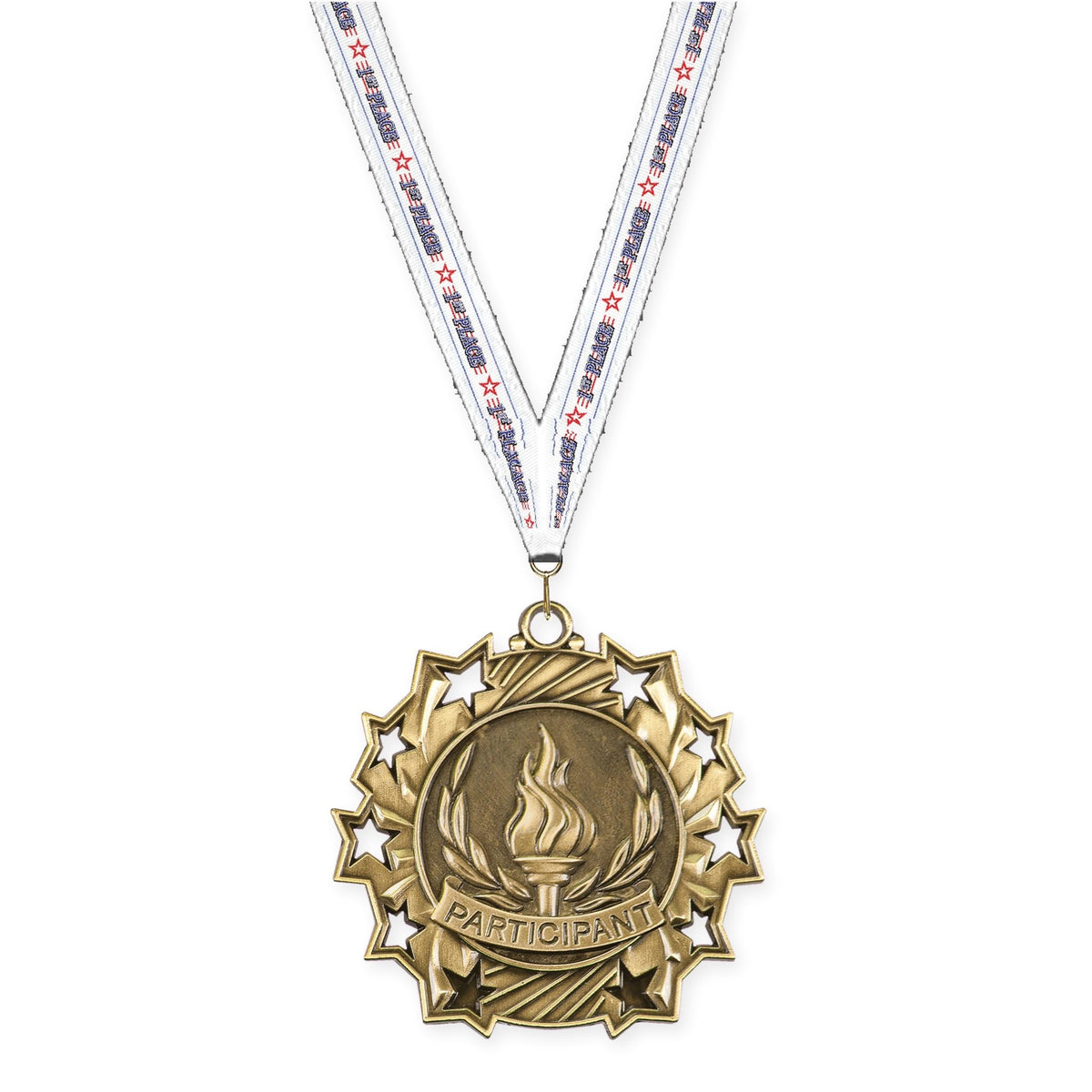 2 1/4 inch Participant Ten Star medal in antique gold with 1st Place neck ribbon