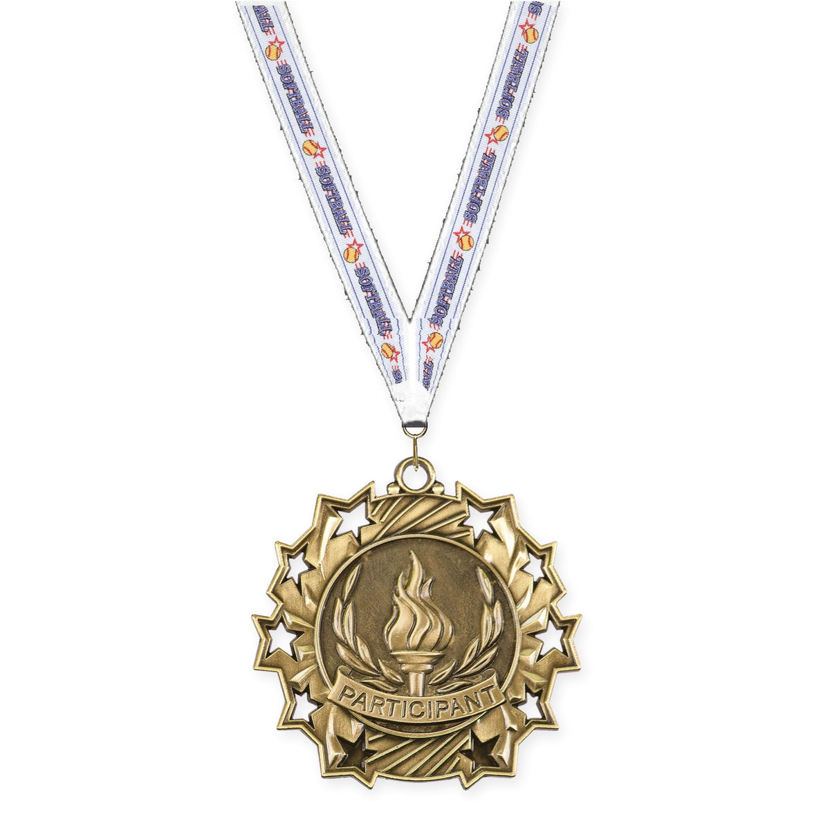 2 1/4 inch Participant Ten Star medal in antique gold with Softball neck ribbon