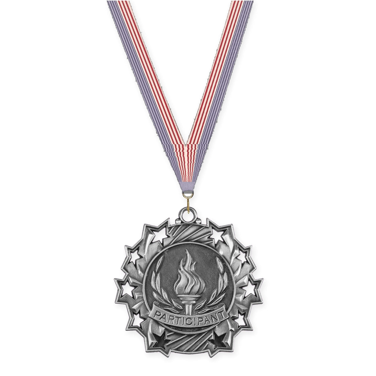 2 1/4 inch Participant Ten Star medal in antique silver with USA Flag neck ribbon