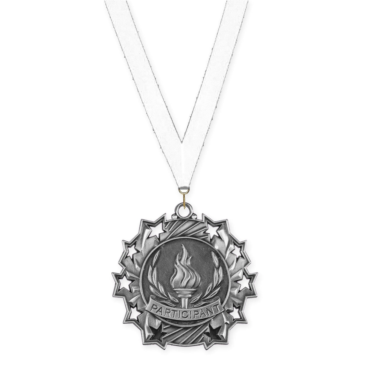 2 1/4 inch Participant Ten Star medal in antique silver with White neck ribbon