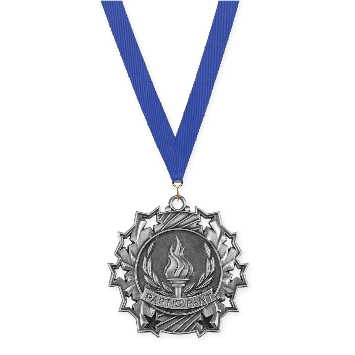 2 1/4 inch Participant Ten Star medal in antique silver with Blue neck ribbon