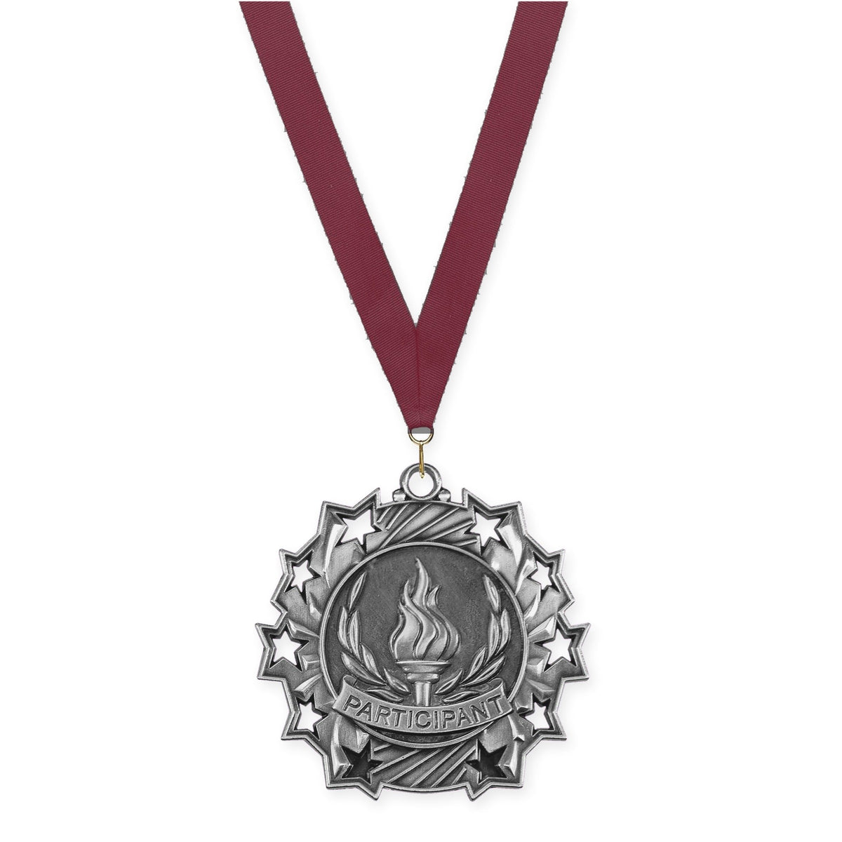 2 1/4 inch Participant Ten Star medal in antique silver with Maroon neck ribbon
