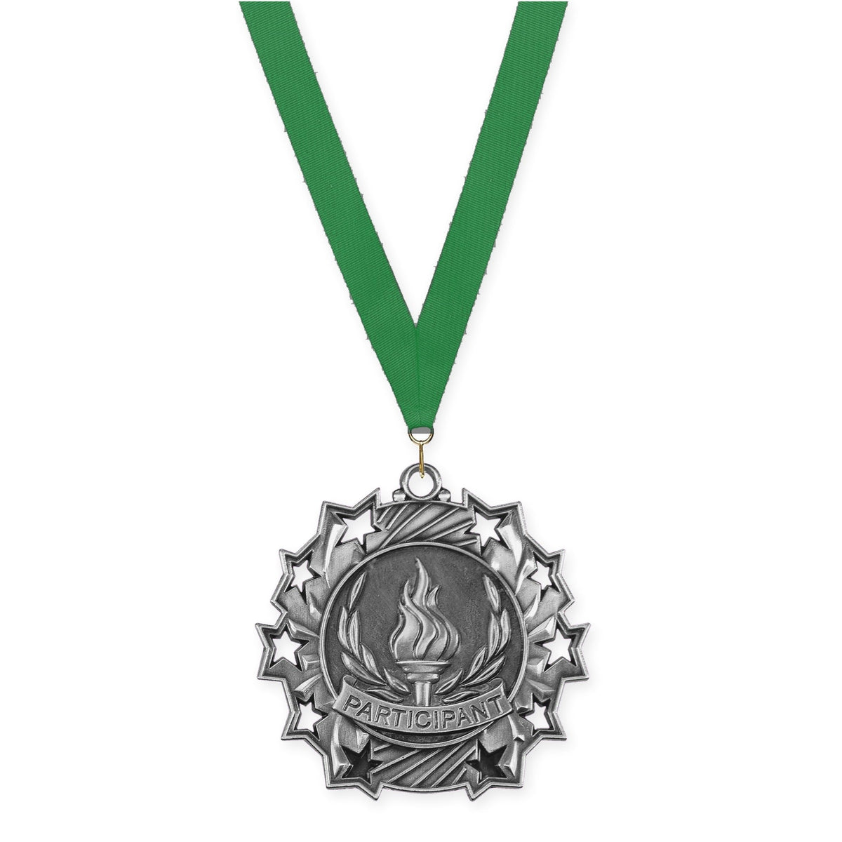 2 1/4 inch Participant Ten Star medal in antique silver with Green neck ribbon