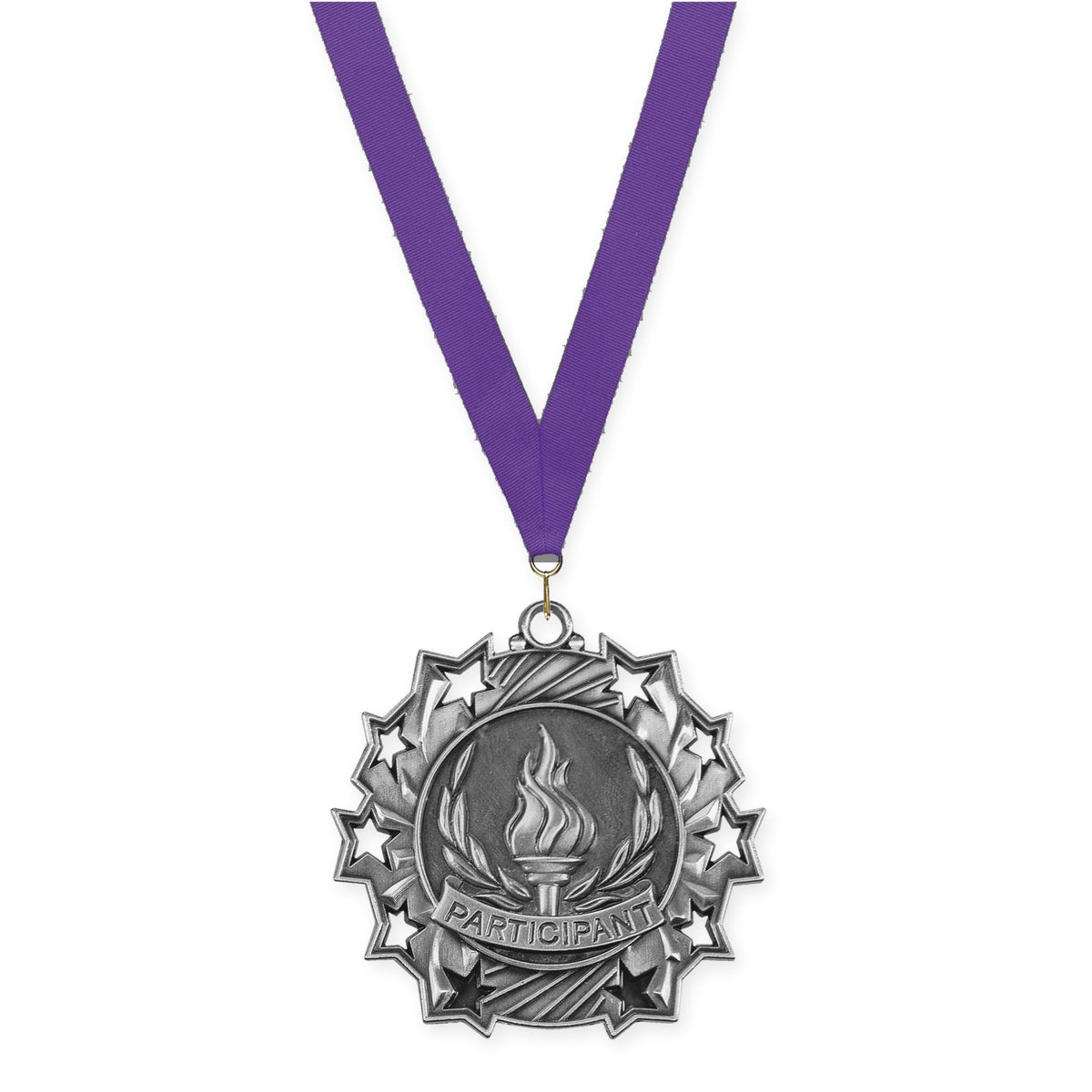 2 1/4 inch Participant Ten Star medal in antique silver with Purple neck ribbon