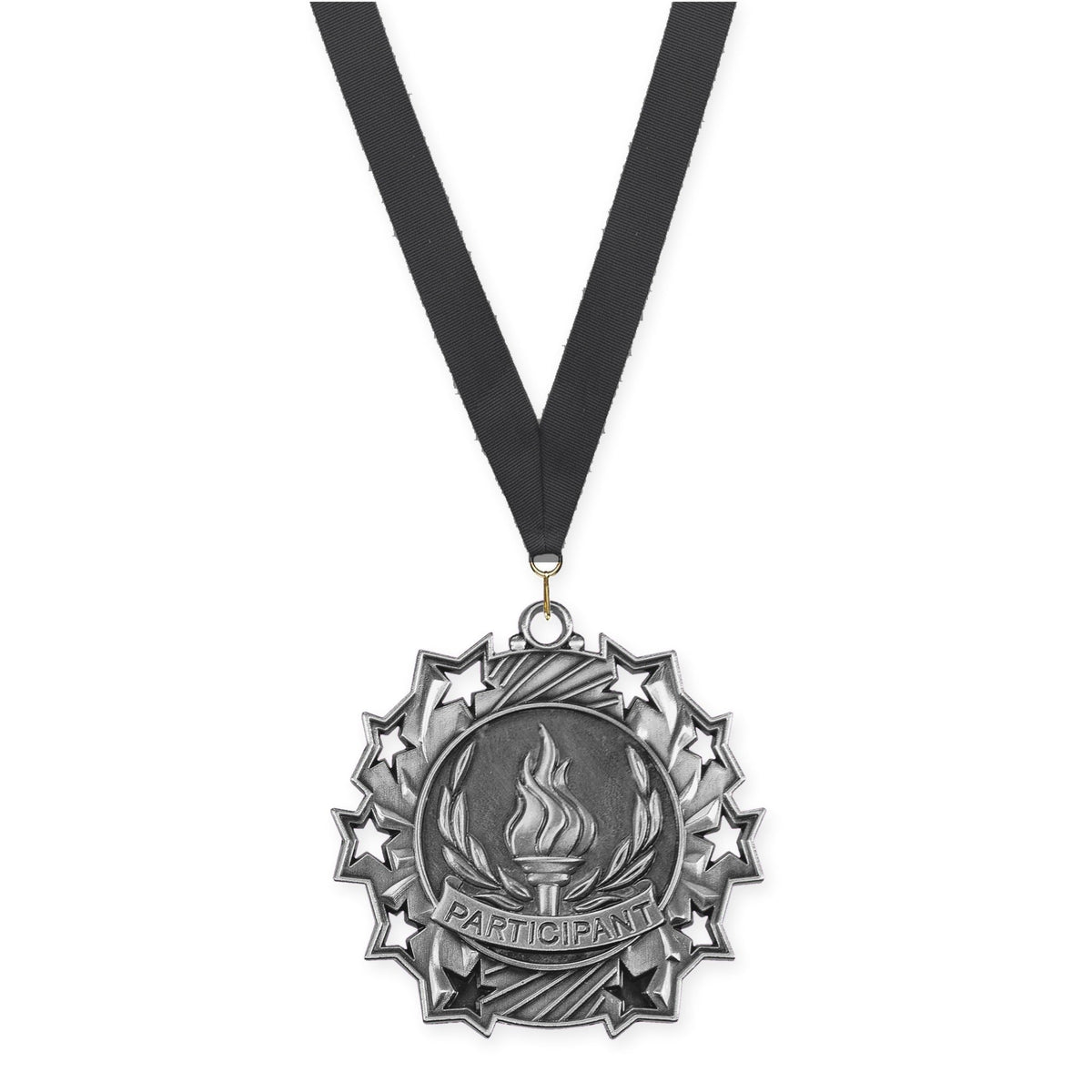 2 1/4 inch Participant Ten Star medal in antique silver with Black neck ribbon