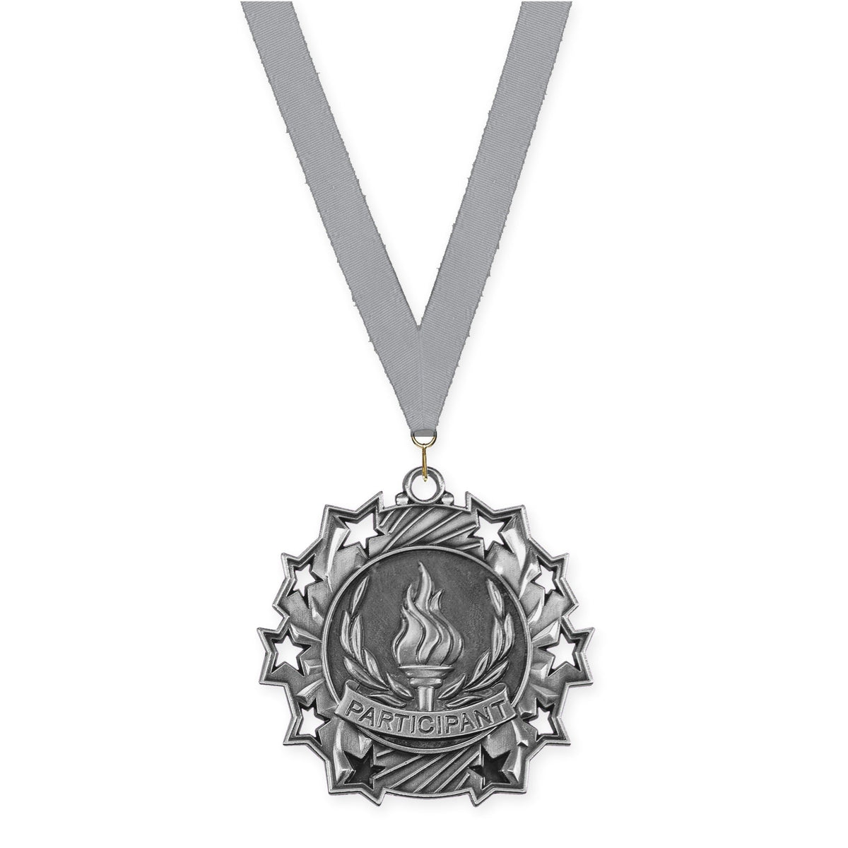2 1/4 inch Participant Ten Star medal in antique silver with Gray neck ribbon