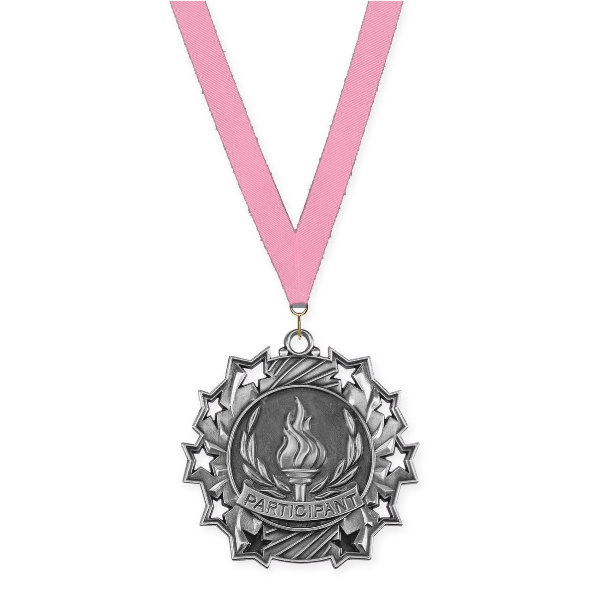 2 1/4 inch Participant Ten Star medal in antique silver with Pink neck ribbon