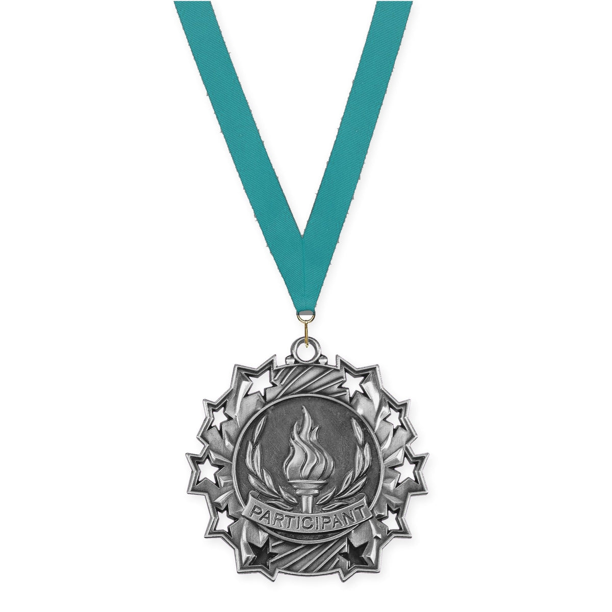 2 1/4 inch Participant Ten Star medal in antique silver with Teal neck ribbon