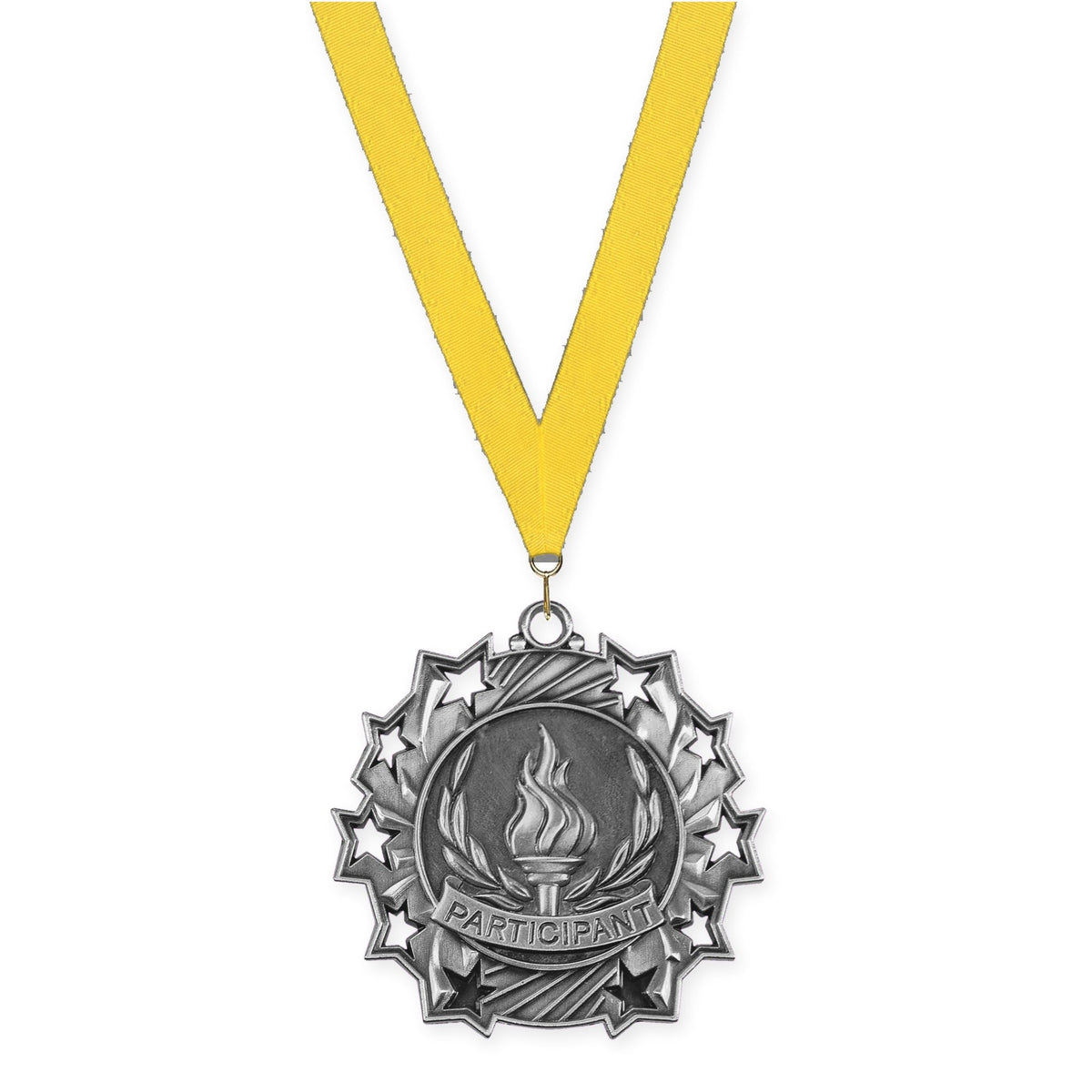 2 1/4 inch Participant Ten Star medal in antique silver with Yellow neck ribbon