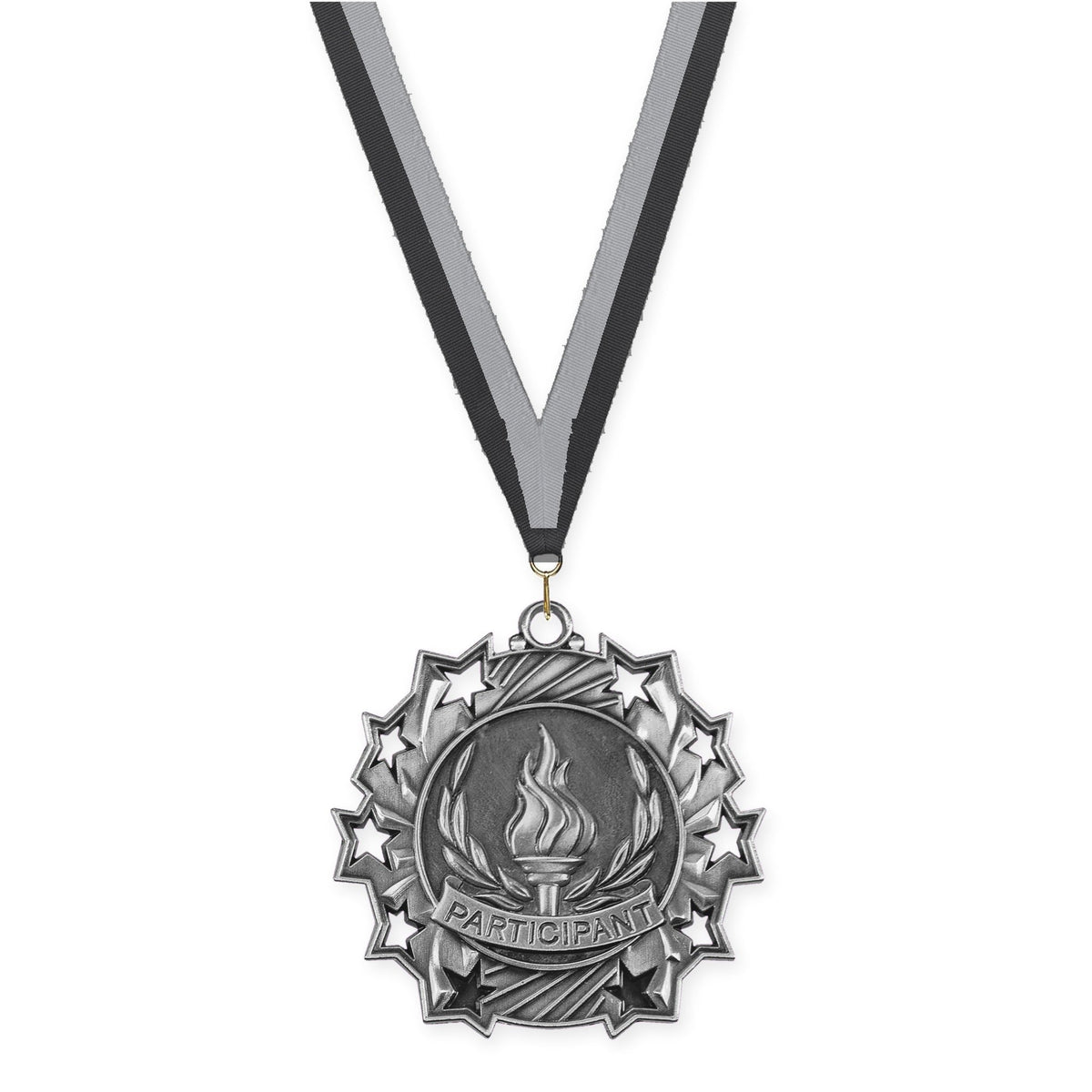 2 1/4 inch Participant Ten Star medal in antique silver with Black Gray neck ribbon