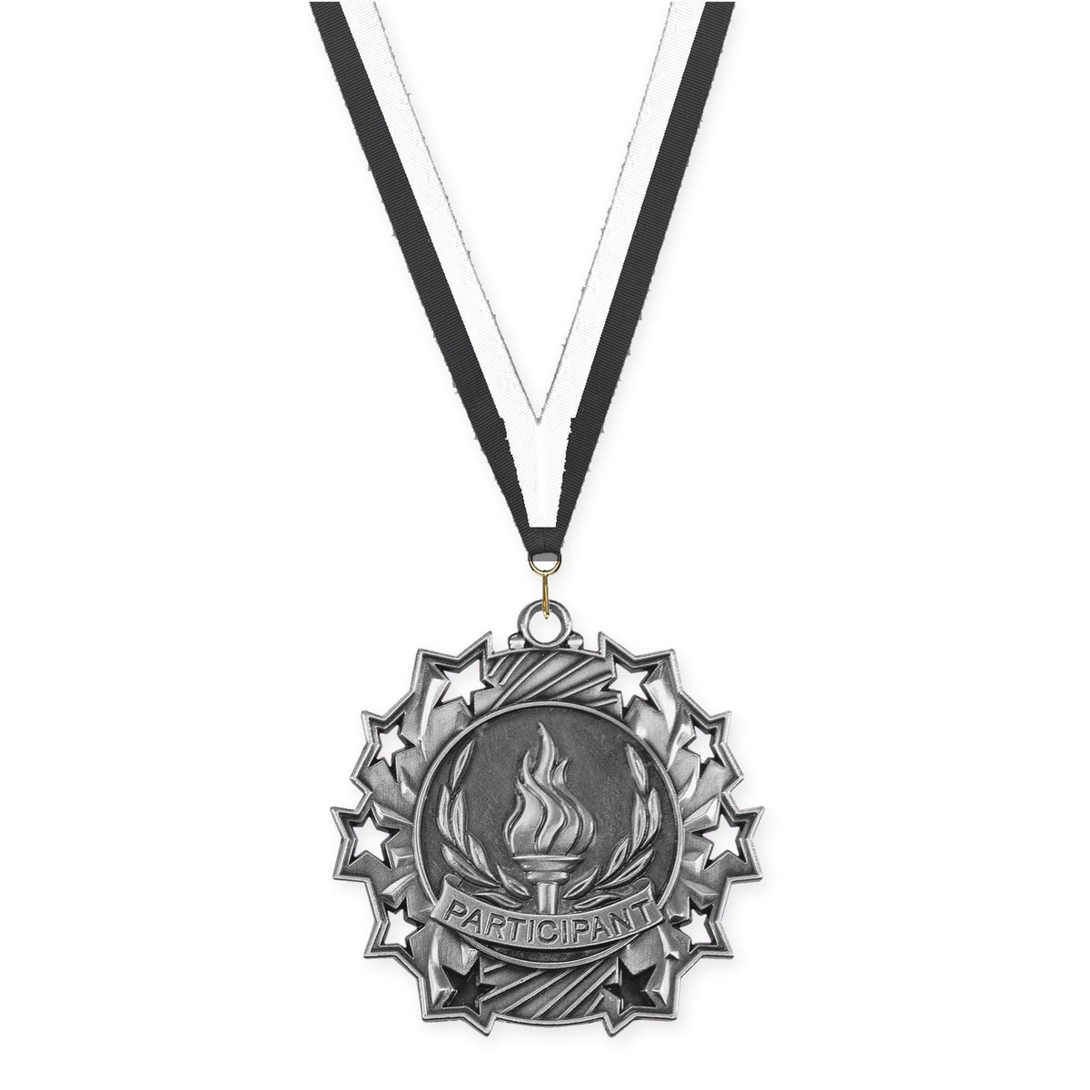 2 1/4 inch Participant Ten Star medal in antique silver with Black White neck ribbon