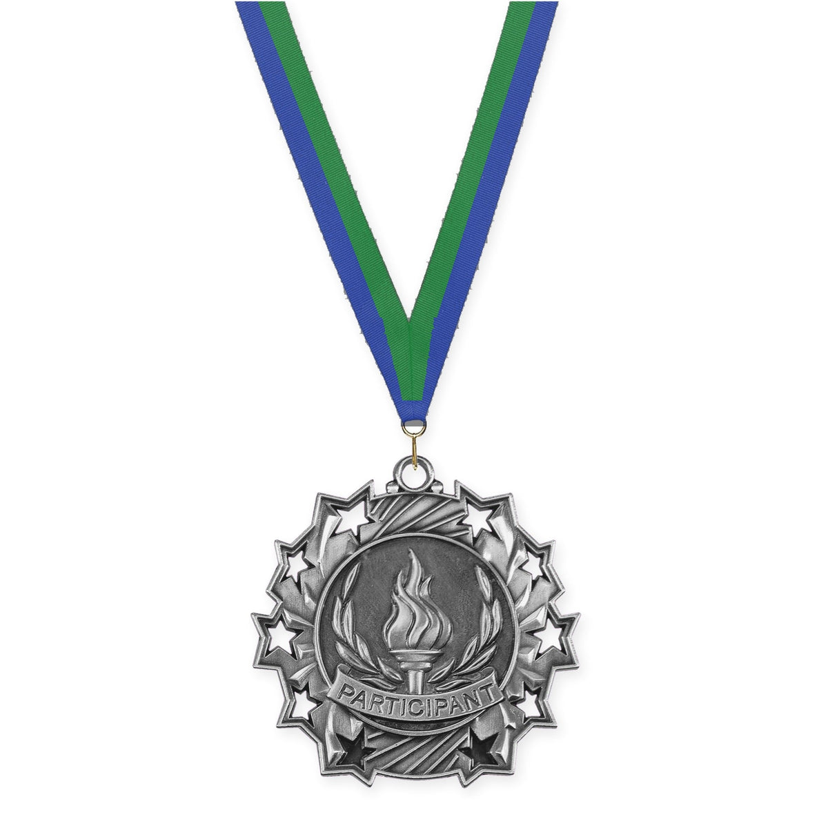 2 1/4 inch Participant Ten Star medal in antique silver with Blue Green neck ribbon