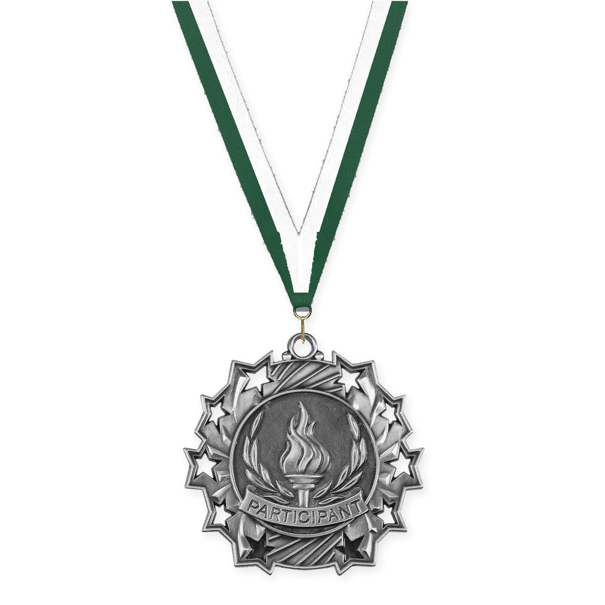 2 1/4 inch Participant Ten Star medal in antique silver with Hunter Green White neck ribbon