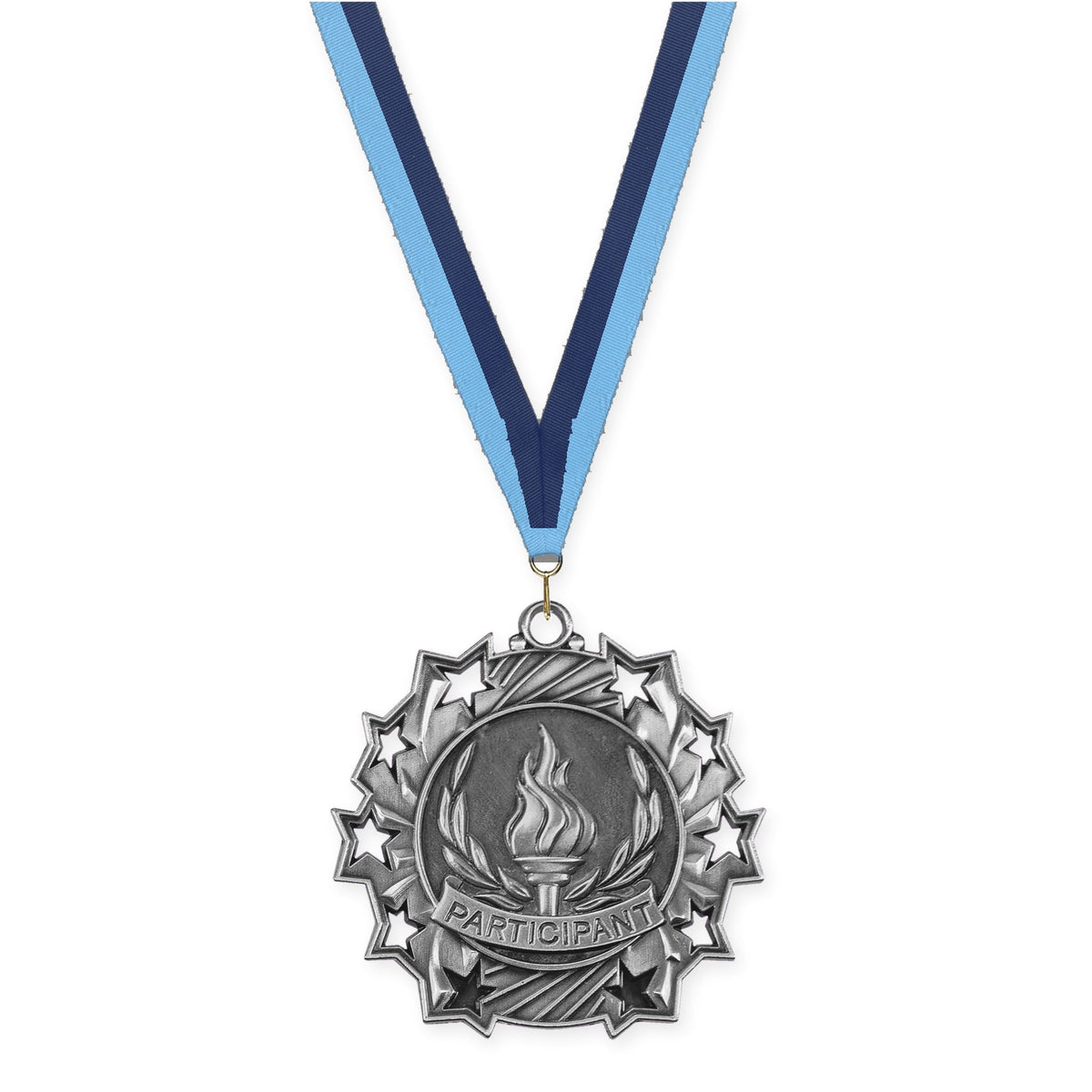 2 1/4 inch Participant Ten Star medal in antique silver with Light Blue Navy neck ribbon