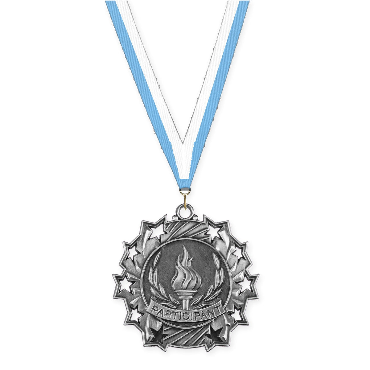 2 1/4 inch Participant Ten Star medal in antique silver with Light Blue White neck ribbon