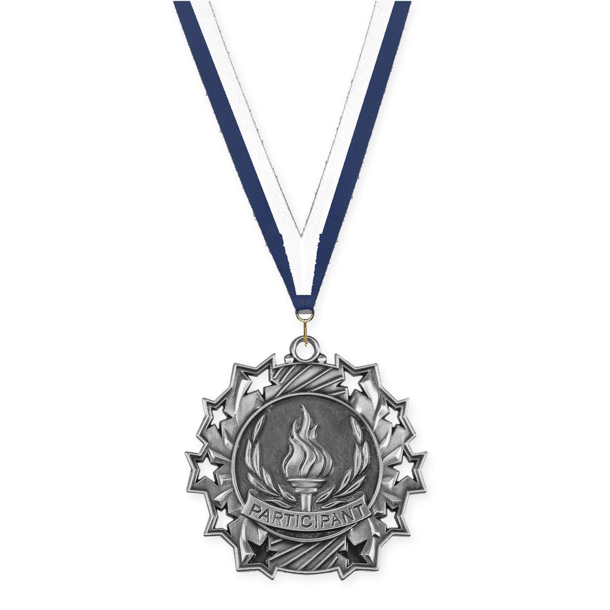 2 1/4 inch Participant Ten Star medal in antique silver with Navy White neck ribbon