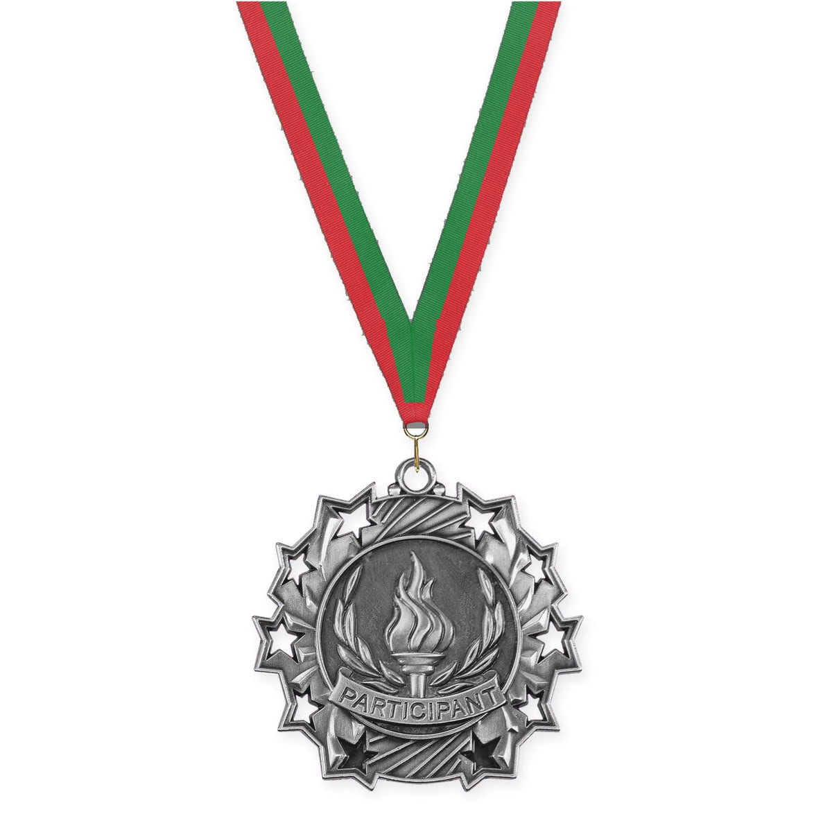 2 1/4 inch Participant Ten Star medal in antique silver with Red Green neck ribbon