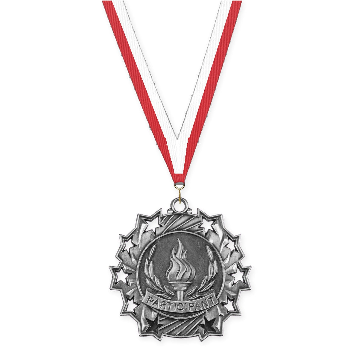 2 1/4 inch Participant Ten Star medal in antique silver with Red White neck ribbon