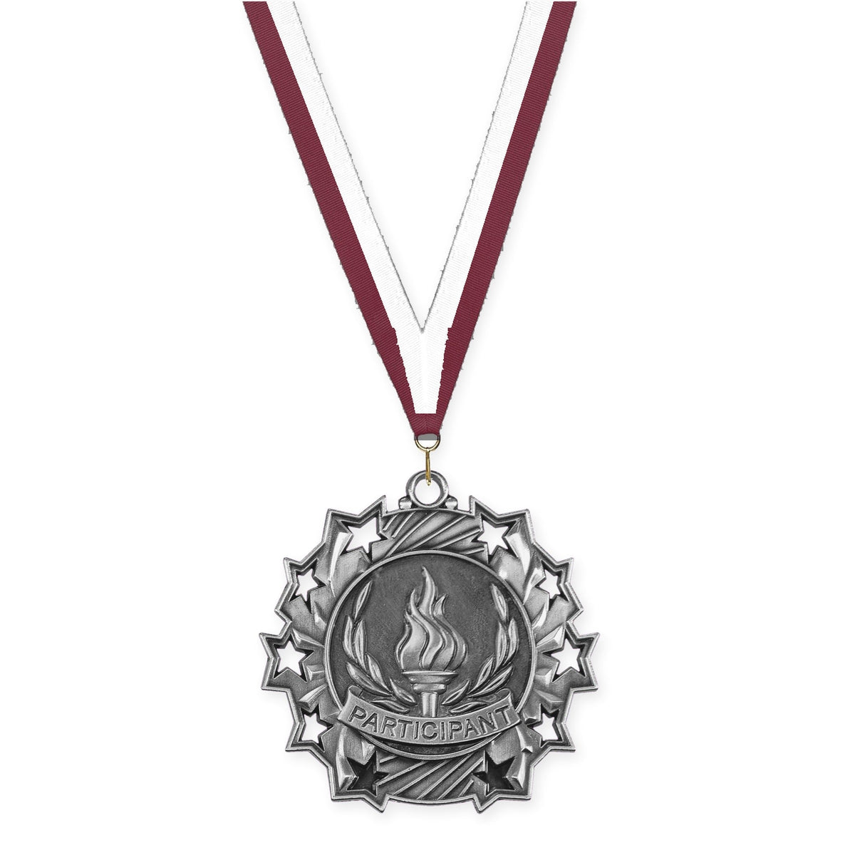 2 1/4 inch Participant Ten Star medal in antique silver with Maroon White neck ribbon