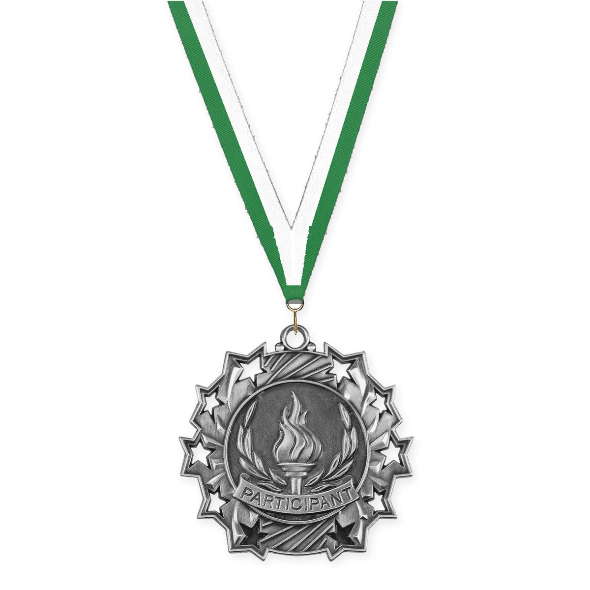 2 1/4 inch Participant Ten Star medal in antique silver with Green White neck ribbon