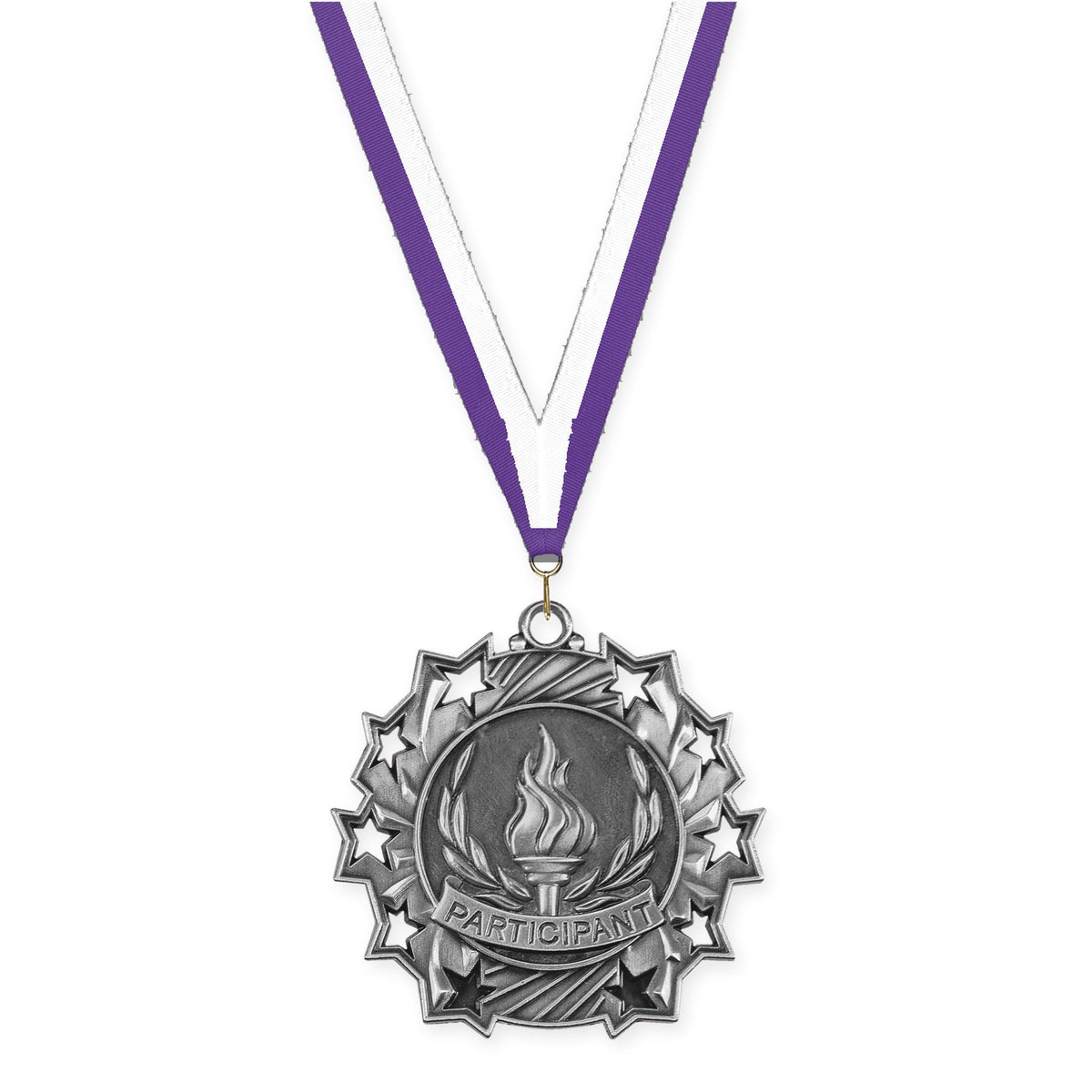 2 1/4 inch Participant Ten Star medal in antique silver with Purple White neck ribbon