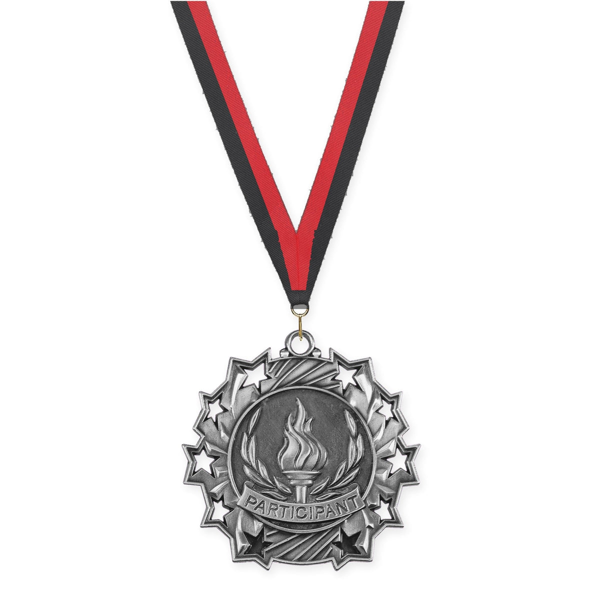 2 1/4 inch Participant Ten Star medal in antique silver with Black Red neck ribbon