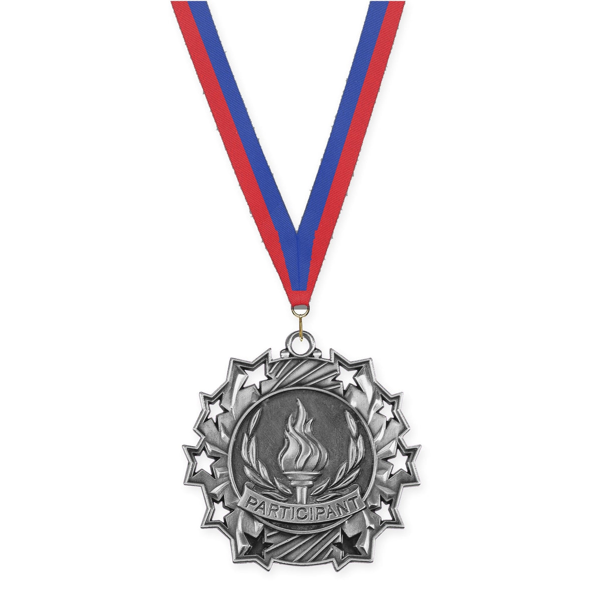 2 1/4 inch Participant Ten Star medal in antique silver with Blue Red neck ribbon