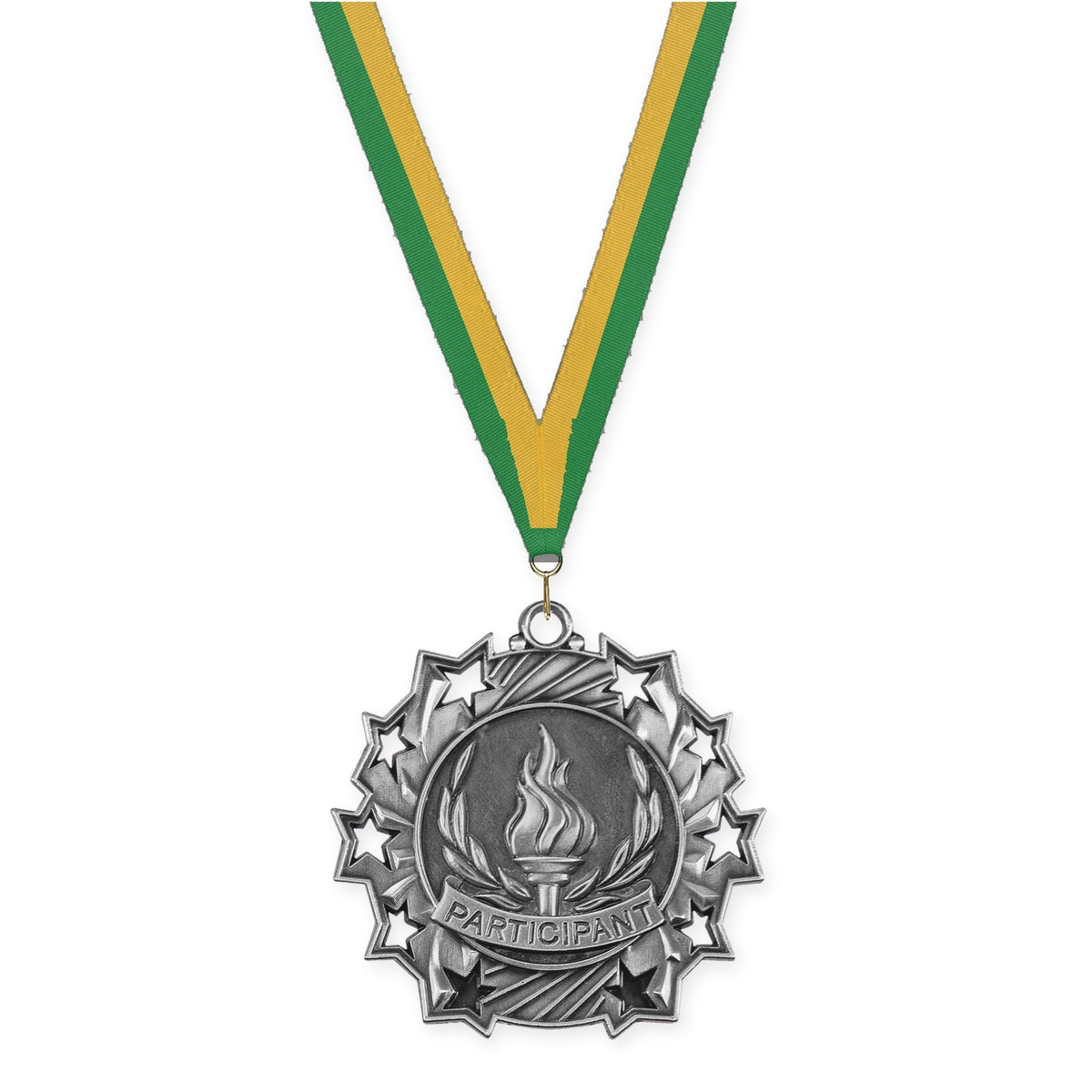 2 1/4 inch Participant Ten Star medal in antique silver with Green Gold neck ribbon