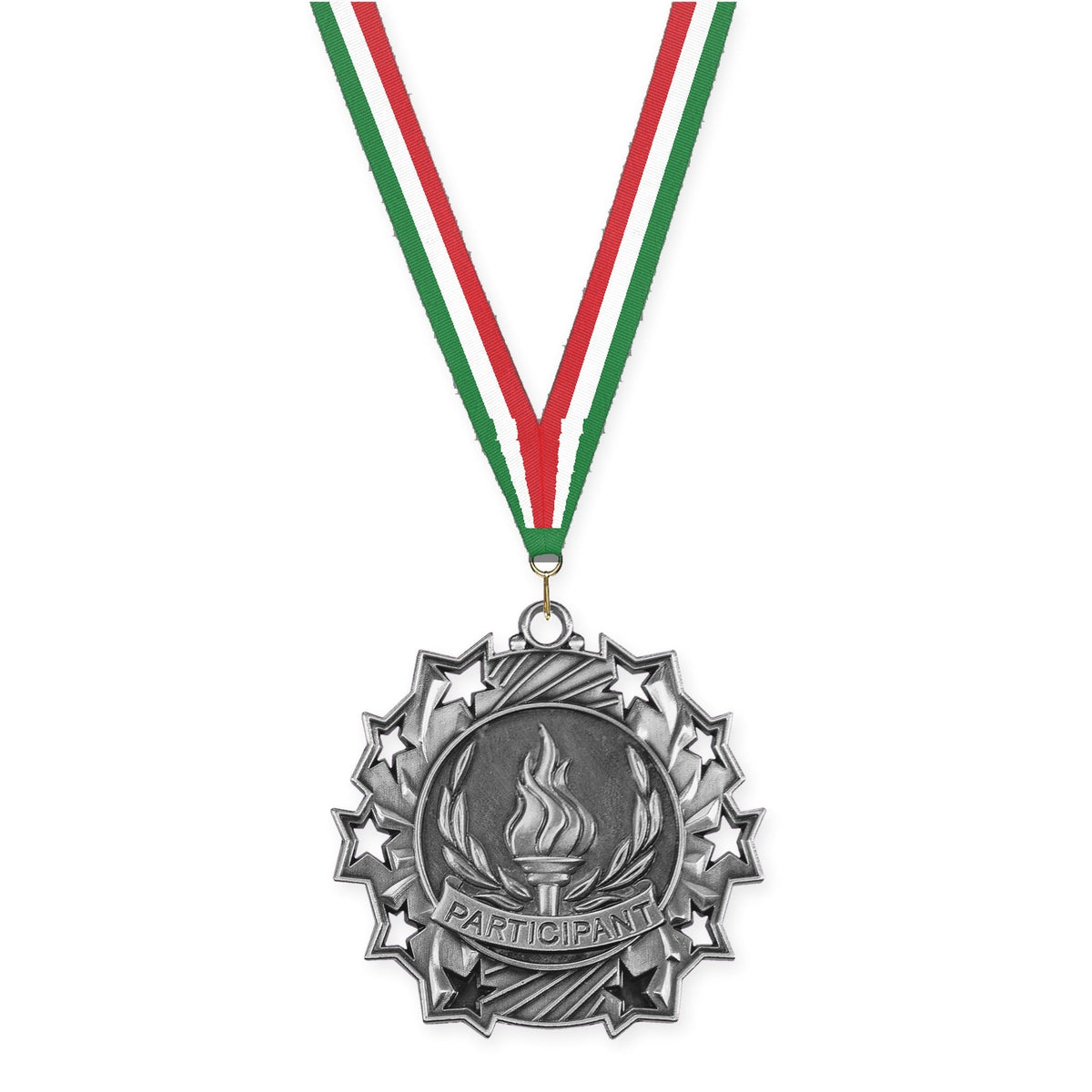 2 1/4 inch Participant Ten Star medal in antique silver with Green White Red neck ribbon