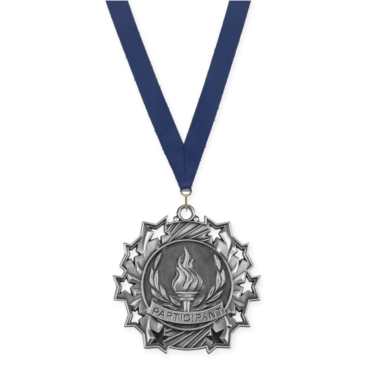 2 1/4 inch Participant Ten Star medal in antique silver with Navy neck ribbon