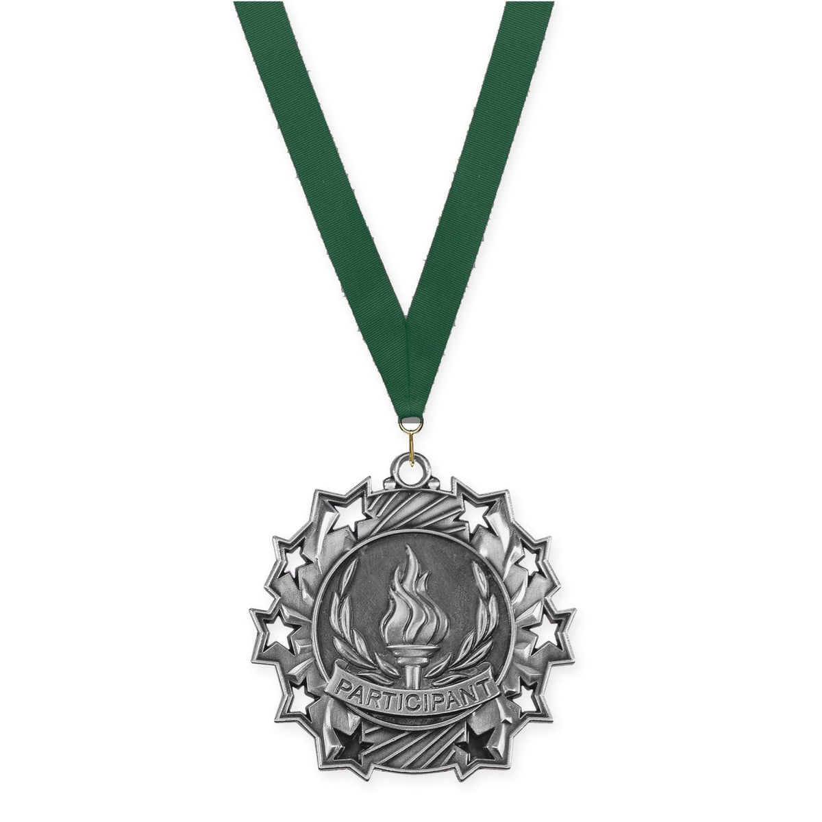 2 1/4 inch Participant Ten Star medal in antique silver with Hunter Green neck ribbon