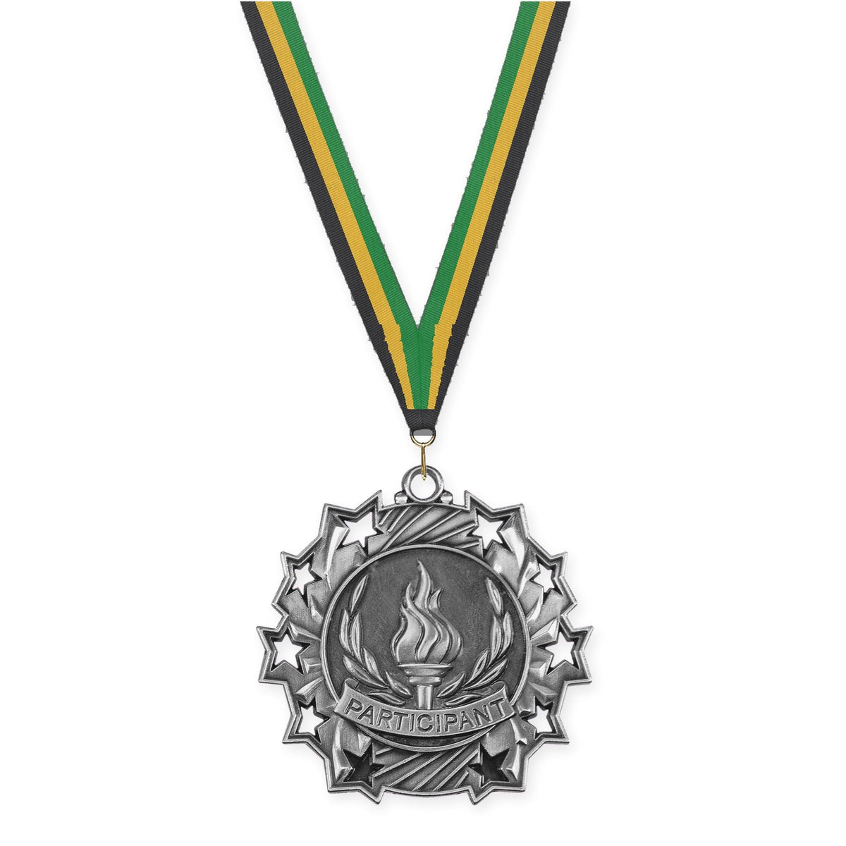 2 1/4 inch Participant Ten Star medal in antique silver with Black Gold Green neck ribbon