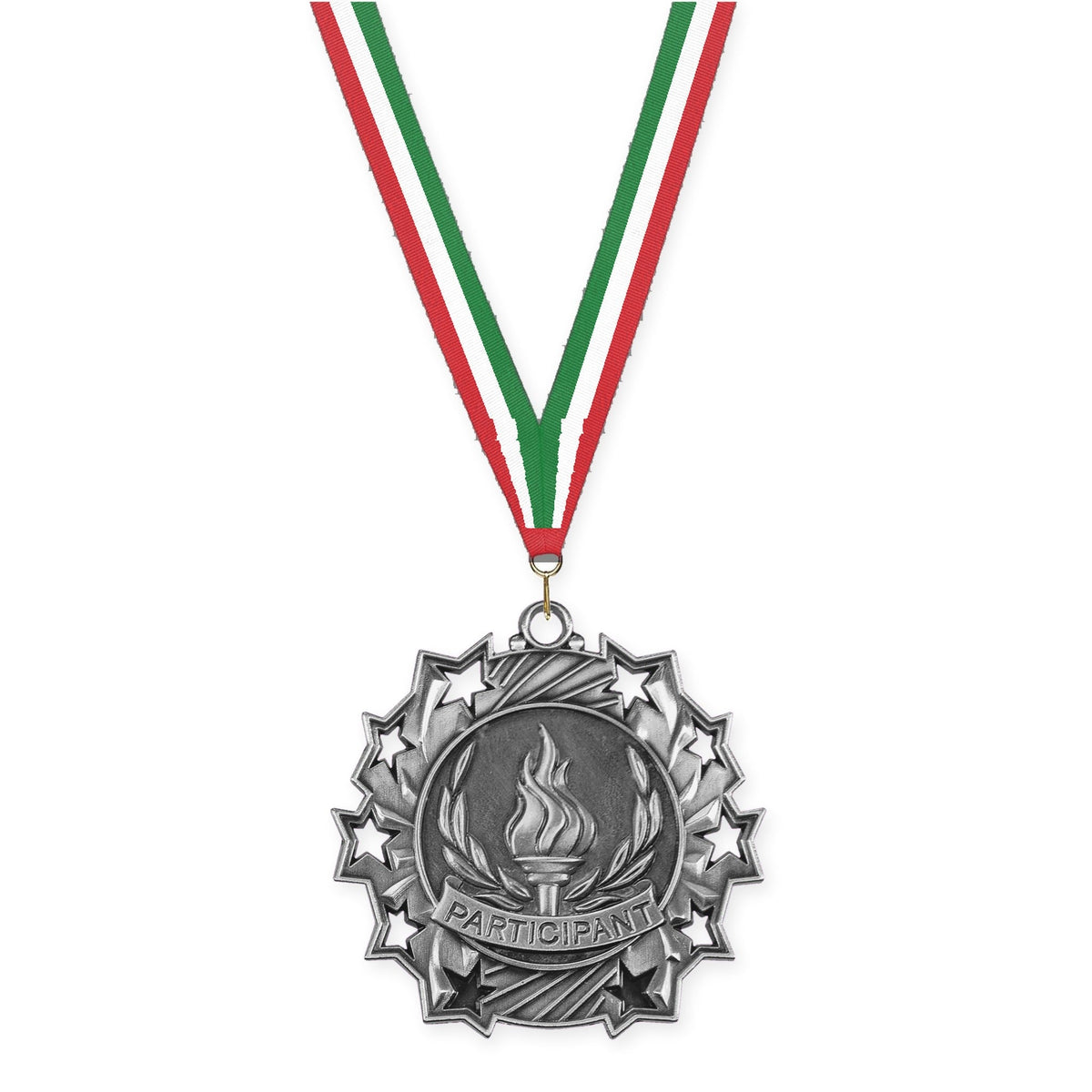 2 1/4 inch Participant Ten Star medal in antique silver with Red White Green neck ribbon