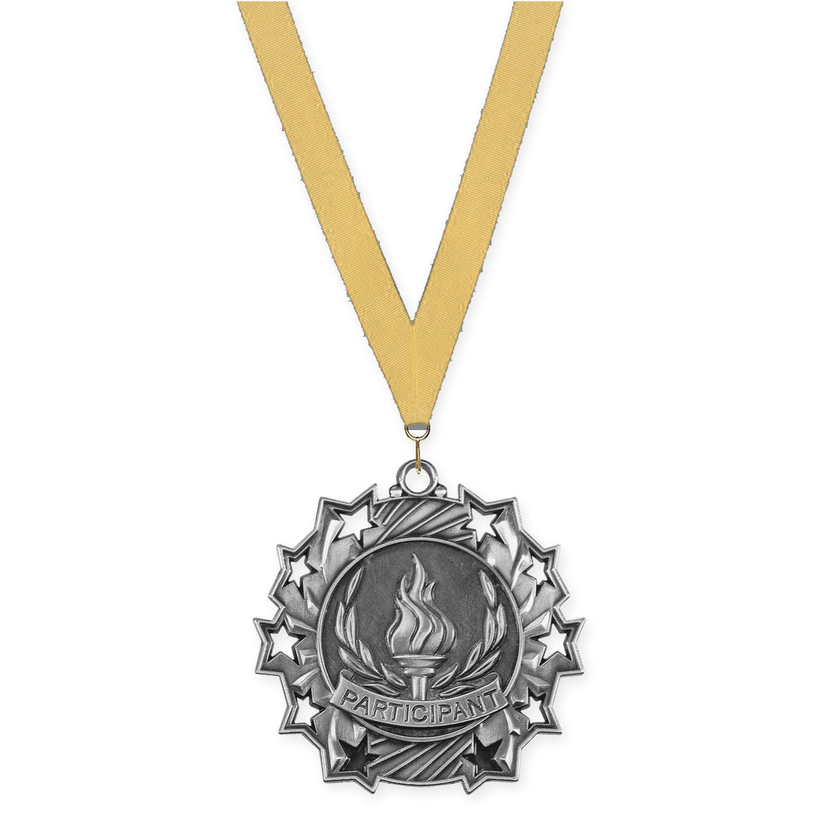 2 1/4 inch Participant Ten Star medal in antique silver with Gold Metallic neck ribbon