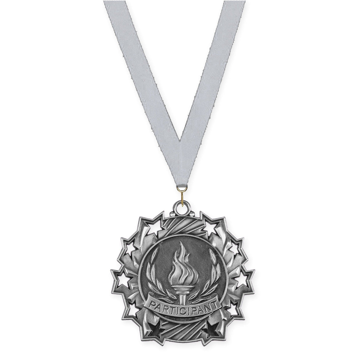 2 1/4 inch Participant Ten Star medal in antique silver with Silver Metallic neck ribbon