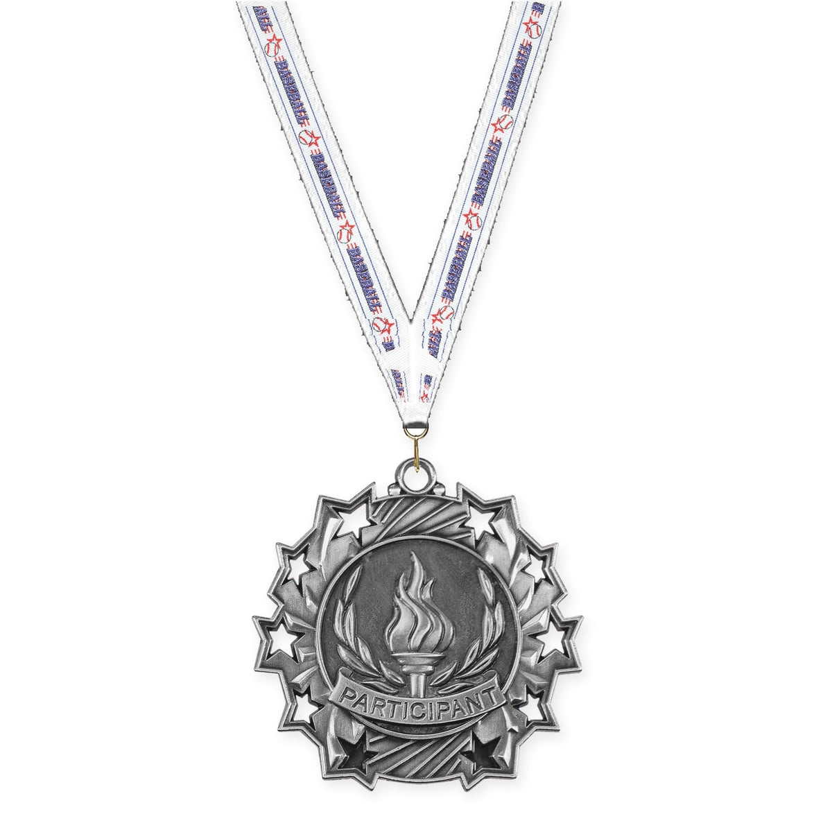 2 1/4 inch Participant Ten Star medal in antique silver with Baseball neck ribbon