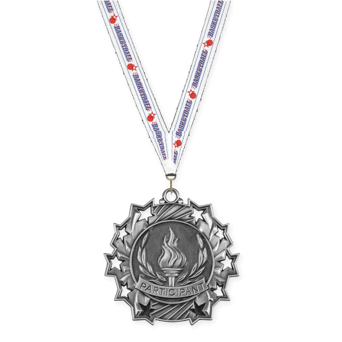 2 1/4 inch Participant Ten Star medal in antique silver with Basketball neck ribbon