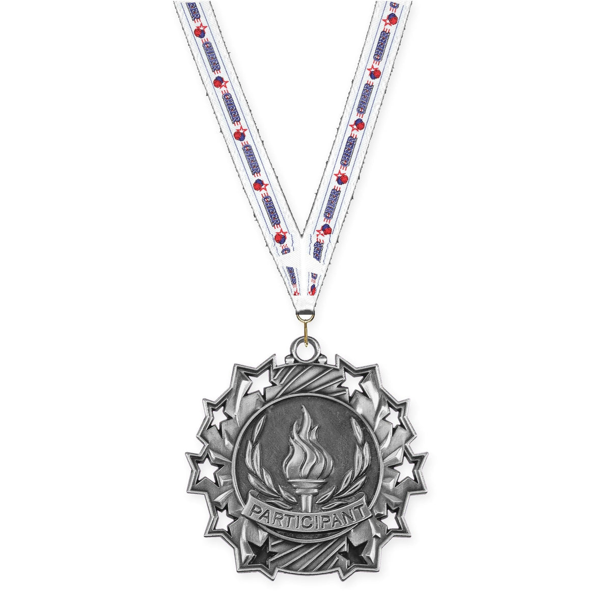 2 1/4 inch Participant Ten Star medal in antique silver with Cheerleading neck ribbon