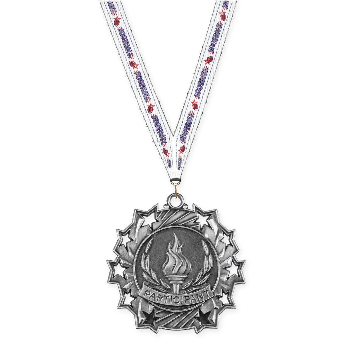 2 1/4 inch Participant Ten Star medal in antique silver with Football neck ribbon